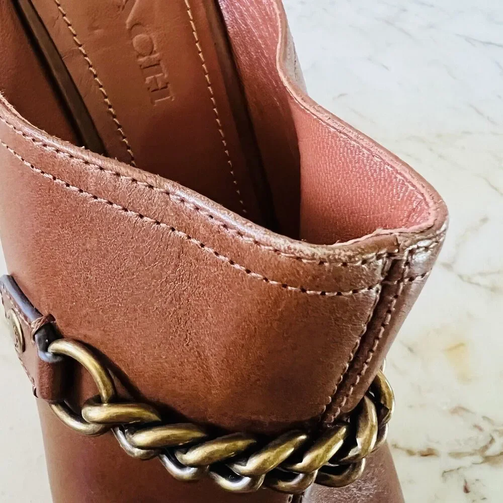 COACH Brown Leather Metal Chain Slip On Clog With High Chunky Heels - US 9.5